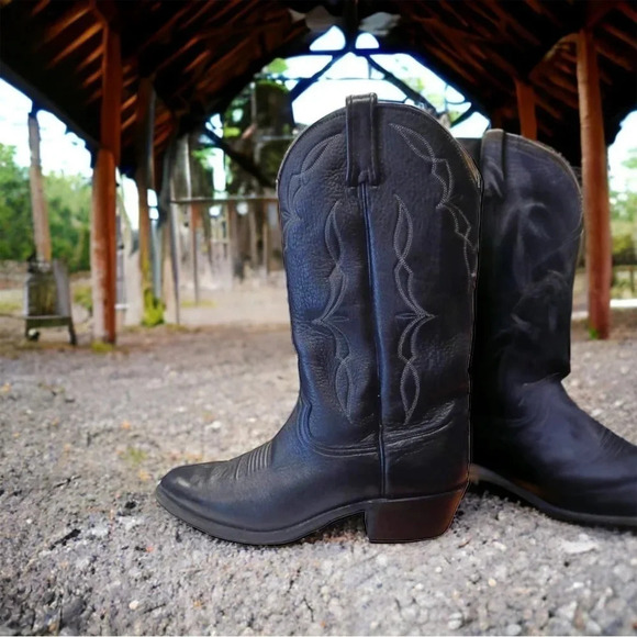 💥HOST  PICK💥 Dan Post Vintage Black Cowboy Boots Size 10.5 EW - Picture 1 of 14